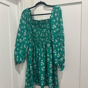 Wayf Teal Floral Smocked Dress